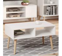 Table basse scandinave blanche avec pieds en bois - L 90 x P 50 x H 55 cm - SANDI