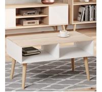 Table basse scandinave blanche - chêne de wotan avec pieds en bois - L 90 x P 50 x H 55 cm - SANDI