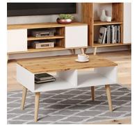 Table basse scandinave blanche - chêne de wotan avec pieds en bois - L 90 x P 50 x H 55 cm - SANDI