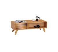Table basse SEAN table de salon rectangulaire design vintage, avec 4 niches et des portes coulissantes ajourées, en pin teinté/ciré