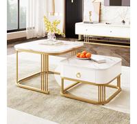 Table basse set de 2, table de salon brillante avec effet marbre, table d'appoint moderne avec espace de rangement, pour salon, balcon, blanc et or