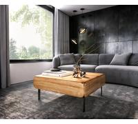 Table-de-salon Shavani en acacia naturel, 90 x 90 cm, 2 tiroirs, pieds en