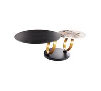 Table basse SOLYNE 134 cm noire avec plateaux rotatifs effet marbre et anneaux dorés
