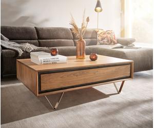 Table basse Stonegrace 115x60 acacia nature 1 tiroir placage en pierre pieds en V