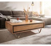 Table basse Stonegrace 115x60 acacia nature 2 tiroirs placage en pierre pieds en V
