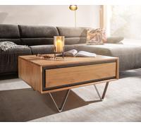 Table basse Stonegrace 80x60 acacia nature 2 tiroirs placage en pierre pieds en V