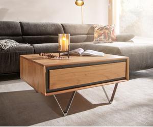 Table basse Stonegrace 80x60 acacia nature 2 tiroirs placage en pierre pieds en V