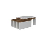 Toilinux - Table basse sur 2 niveaux avec 3 niches de rangement - Blanc et Marron - Kolarado Blanc G