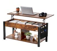 Table basse, table basse avec plateau relevable, table de salon avec compartiment de rangement caché, avec 2 compartiments ouverts et poches en tissu, table d'appoint moderne luxueuse multifonctionnel