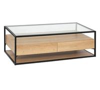 PEGANE Table Basse, Table de Salon avec 2 tiroirs en Bois Coloris Naturel et Verre trempé - Longueur 120 x Profondeur 60 x Hauteur 40 cm