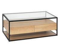 Table basse table de salon avec 2 tiroirs en bois coloris naturel et verre trempé - Longueur 120 x Profondeur 60 x Hauteur 40 cm