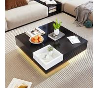 Table basse, table de salon brillante, table d'appoint avec boîte de rangement amovible, bloc de couleurs blanc et noir, 72 x 72 x 30 cm, avec effet LED.