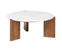 PEGANE Table Basse, Table de Salon en manguier Coloris Marron et marbre Blanc - diamètre 91,5 x Hauteur 41,5 cm