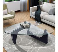 Table basse, table de salon, en verre, triangle, en bois, table basse pour canapé, chambre à coucher, cadre en bois solide noir + transparent, 91 × 65 × 40 cm