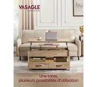 Table Basse, Table de Salon Relevable, Vérin à Gaz, 2 Tiroirs et 3 Compartiments sous Le Plateau, 1 Compartiment Ouvert, pour Salon, Bureau Marron camel