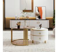 Table basse Table de salon Table gigogne 2-en-1 en MDF avec plateaux Table basse verre trempé et 2 tiroirs pour salon, Blanc Aosom France