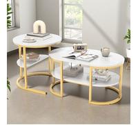 Table basse - Table gigogne ronde duo - Imitation marbre blanc - Structure métal doré - Empilable design épuré