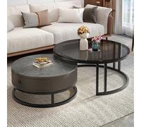 Table basse, tables gigognes, table d'appoint d'appoint en verre trempé, tables basses rondes en pierre frittée avec tiroir, pour salon, chambre, balcon, bureau (couleur : noir + gris,
