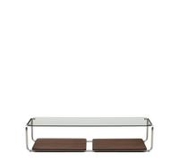 Table basse Tarsel en verre trempé et plateau en placage noyer avec structure en acier inoxydable brossé 140 x 60 cm