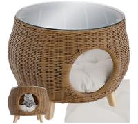 TecTake® Table Basse avec lit pour Chat, Chaton ou Petit Chien en Poly rotin & Bois Massif avec Plateau en Verre de sécurité, Résistant à l'eau pour Salon ou Salon de Jardin Exterieur, Max. 75 kg