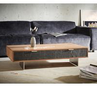 Table-basse Teele 115x60 cm acacia naturel ardoise 4 tiroirs pied flottant inoxydable