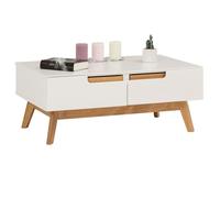 Table Basse Tibor Style scandinave Design Vintage Nordique Table de Salon rectangulaire avec 2 tiroirs et 2 niches, en pin Massif lasuré Blanc, dim (LX H x P) : 90 x 36 x 60 cm