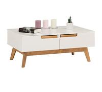 Table basse TIBOR style scandinave design vintage nordique table de salon rectangulaire 2 tiroirs 2 niches pin massif lasuré blanc
