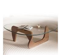 Table basse triangulaire en verre, base en bois massif et plateau en verre trempé transparent, table basse basse simple et moderne pour salon, terrasse, L : 81,3/89,1/111,8 cm