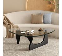 Table basse triangulaire moderne en verre du milieu du siècle, base en bois massif et verre trempé transparent haute résistance pour bureau, salon, terrasse, étude
