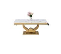 Table Basse TROFY Rectangle Plateau Verre Trempé Marbré Noir Pied Central Métal Gold 120x70x45cm