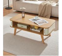 [en.casa] Table Basse Design Scandinave avec 2 Portes Coulissantes et Compartiment de Rangement Table d'Appoint Bout de Canapé Bambou MDF 100 x 50 x 40 cm Naturel Blanc Crème