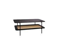 Table basse vintage 110 cm coloris noir double plateaux effet bois et cannage piètement et structure en métal noir