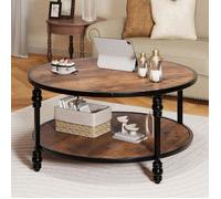 Table basse vintage- Bois - style scandinave - ronde - avec 2 étagère - 72x72x48cm Marron