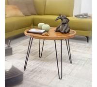 Table basse WOHNLING en bois massif de Sheesham 60x45x60 cm Table de salon ronde, table basse avec pieds en épingle à cheveux, table basse en bois et métal