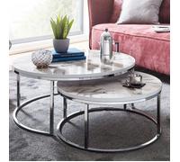 Table basse - WOHNLING - Lot de 2 - Aspect marbre blanc - Ronde - Métal