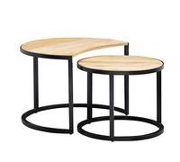Table basse WOHNLING Set de 2 tables en manguier massif / métal Table de salon ronde, table d'appoint industrielle avec pieds métalliques noirs, set de table 2 pièces Table de salon en bois