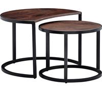 Table basse WOHNLING Set de 2 tables en manguier massif / métal Table de salon ronde, table d'appoint industrielle avec pieds métalliques noirs, set de table 2 pièces Table de salon en bois