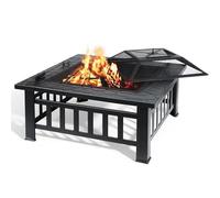 Table Brasero Carrée avec Couvercle de Protection, Barrière Anti-brûlure, Bac À Charbon Profond Et Plateau Élargi pour Jardin Ou Terrasse