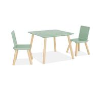 Table carrée enfant avec 2 chaises. pieds en pin. vert