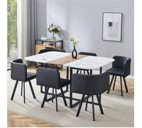Table Chaise Encastrable 6 Personnes avec 6 Chaises Tapissées Noir, Ensemble Table à Effet Marbre Blanc et Bois Moderne, 150x100 cm