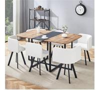 Table Chaise Encastrable avec 6 Chaises Tapissées Blanc , Ensemble Table à Manger Bois Industrielle pour 4-6 Personnes - 150x100 cm