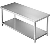Table commerciale en inox 183 x 76 x 86 cm, inox Table de travail à deux niveaux Table de découpe Gastro 150 kg + 100 kg de capacité de charge, table de cuisine commerciale, table de préparation régla