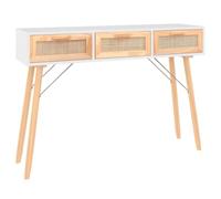 Table Console Blanc 105x30x75 cm Bois Massif Pin Rotin Naturel | 3 tiroirs, panneau rotin tressé, pieds pin massif, fixation murale incluse, manuel de montage, style scandinave