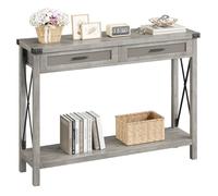 Table Console, Console d'Entrée 110 cm, Table Basse Étroite avec 2 Tiroirs en Rotin- Longue Table en Bois pour Salon, Couloir, Gris