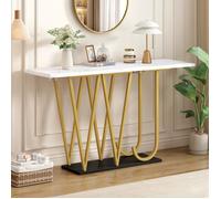 Table Console Effet Marbre, Table de Couloir, Table à Manger en Bois, pour Entrée, Cuisine, Salon, 120 x 29.5 x 80 cm,Blanc + Doré