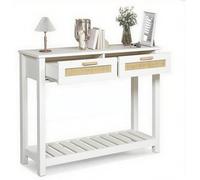 Table Console Étroit GRAVFORCE avec 2 Tiroirs, Étagère Ouverte et Protection Anti-Basculement, Meuble d’Entrée ou de Salon, Table d’Appoint avec Rotin (Blanc)