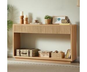 Table console étroite, avant cannelé, 2 tiroirs, compartiment de rangement | Table d'entrée aspect bois 150 cm de large avec façade nervurée et tiroirs pour couloir, salon, derrière canapé