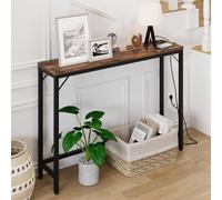 Table console étroite avec station de charge, table de couloir compacte en bois et cadre en métal, montage facile, table basse pour entrée, salon, couloir - 100 x 23 x 80 cm - Marron