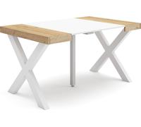 Table console extensible, 140x90x73cm, Pour 6 personnes, Pieds bois massif, Chêne et blanc