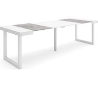 Table console extensible, 262x90x73cm, Pour 12 personnes, Pieds bois massif, Blanc et ciment